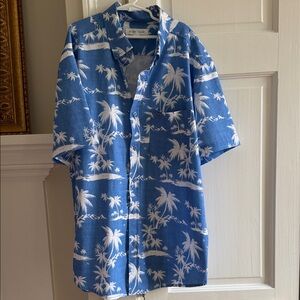 Vintage Summer Blue Hawaiian Palm Print Short Sleeve Button-Up